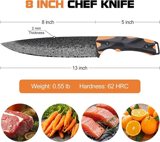 Topfeel 8 Inch Damascus Chef Knife, Professional Kitchen Knife with Japanese VG10 Steel Core, Black Forged Kitchen Knives with G10 Handle, Gifts for Men Women