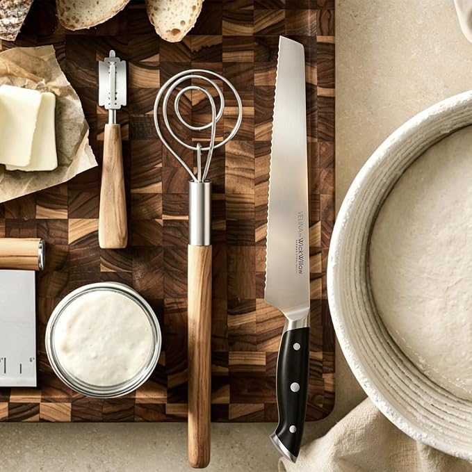 WICKWILLOW 10-Inch Serrated Bread Knife - German X50CrMoV15 Steel, Full Tang, Razor-Sharp Wavy Edge for Sourdough, Artisan Bread, Bagels, Cakes & Sandwich Loaves - Gift Boxed for Home Bakers