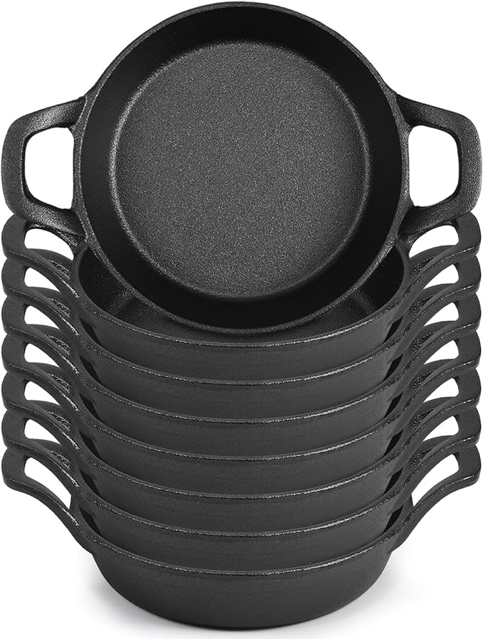 Ziliny Mini Cast Iron Skillets 6.3 x 6.3 x 1.5 Inch Cast Iron Pan Small Ramekin Set Black Casserole Dish Cookware Oven Safe Mini Skillets for Kitchen Indoor Outdoor Picnic (8 Pack)