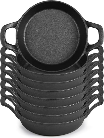 Ziliny Mini Cast Iron Skillets 6.3 x 6.3 x 1.5 Inch Cast Iron Pan Small Ramekin Set Black Casserole Dish Cookware Oven Safe Mini Skillets for Kitchen Indoor Outdoor Picnic (8 Pack)