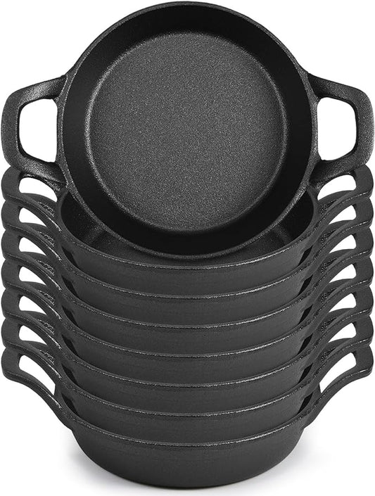 Ziliny Mini Cast Iron Skillets 6.3 x 6.3 x 1.5 Inch Cast Iron Pan Small Ramekin Set Black Casserole Dish Cookware Oven Safe Mini Skillets for Kitchen Indoor Outdoor Picnic (8 Pack)
