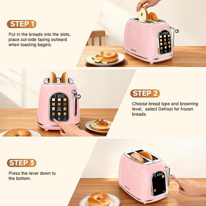 Mecity Toaster 2 Slice, Touch Screen Wide Slot Retro Toaster For Breads Bagel Muffin Waffle, House Warming Gift New Home, 120V 825W, Pink Color