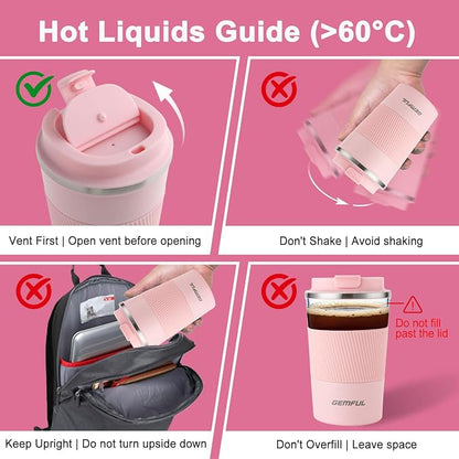 GEMFUL Travel Coffee Mug 13 oz Insulated Coffee Tumbler To Go with Lid Leak Proof Vacuum Stainless Steel Reusable for Hot Cold Drinks (Pink)