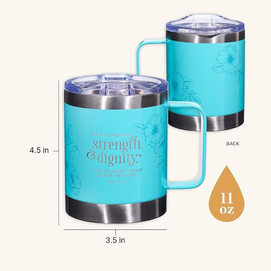 Christian Art Gifts Stainless Steel Double Wall Vacuum Insulated Camp Style Travel Mug 11 oz Floral Teal Coffee Mug with Lid and Handle for Women - Strength and Dignity - Proverbs 31:25