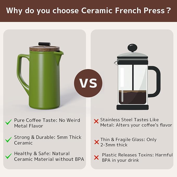 Ceramic French Press Coffee Maker, 22oz Single Serve Coffee Press with Walnut Wood Lid, Lead-Free, Food Grade Stainless Steel Filter with Dual Screen for Coffee and Loose Tea, Green