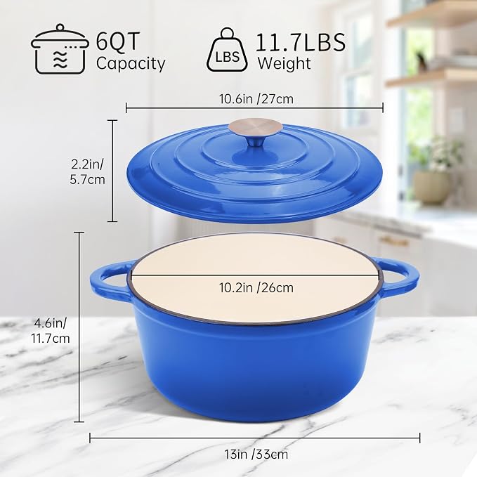 6 Quart Enameled Cast Iron Dutch Oven Pot with Lid, Oven Safe up to 500°F or on Stovetop, Non-stick Dutch Oven for Bread Baking, Cooking, Dual Handles Cookware, Cobalt Blue