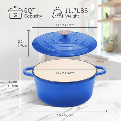 6 Quart Enameled Cast Iron Dutch Oven Pot with Lid, Oven Safe up to 500°F or on Stovetop, Non-stick Dutch Oven for Bread Baking, Cooking, Dual Handles Cookware, Cobalt Blue