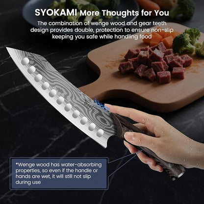 SYOKAMI Kitchen Knife Set, 3-Piece Japanese Style Chef Knives Set (8.2" Kiritsuke, 7.2" Nakiri, 4" Paring) for Precision Cutting, Damascus Pattern, Ergonomic Full Tang Wooden Handle, Cooking Gifts