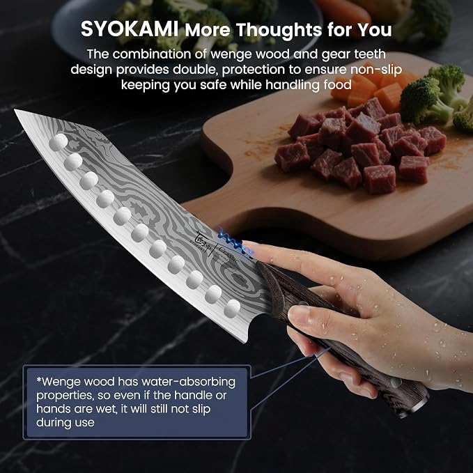 SYOKAMI Japanese Kitchen Knife, 8.2 Inch Chef Knife, Carbon Steel Kiritsuke, Razor Sharp Santoku for Precision Cutting, Damascus Pattern, Full Tang Wood Handle, Housewarming Cooking Gifts