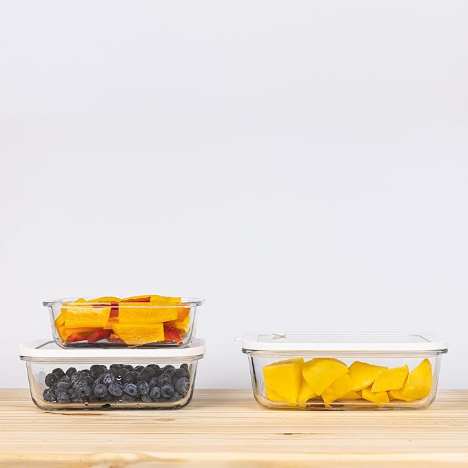 Sio GLASS storage containers with GLASS lids, NO PLASTIC, Set of 3, Airtight Small Medium Large for Food Meal Prep, Silcone Bowl Container (White)