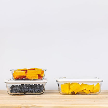 Sio GLASS storage containers with GLASS lids, NO PLASTIC, Set of 3, Airtight Small Medium Large for Food Meal Prep, Silcone Bowl Container (White)