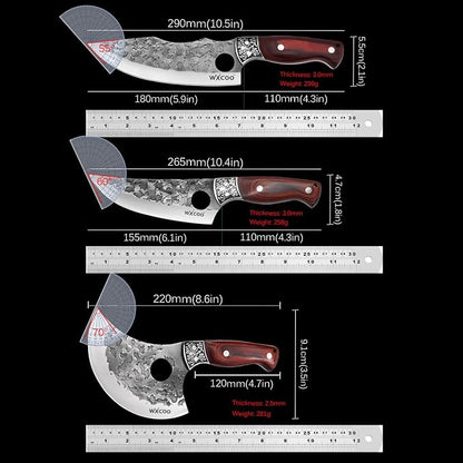 3PCS Butcher Knife Set High-Carbon Steel with Hammered Texture for Kitchen Stainless Steel Hand Forged Chef Knives, Nonslip Wood Handle, Meat Cutting Butchering Cleaver & Bone Chopper