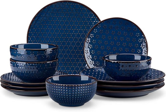 MALACASA 12 Pieces Dinnerware Sets, Modern Plates and Bowls Sets, Blue Dish Set for 4, Kitchen Ceramic Dinner Plates Dishware Set, Microwave and Dishwasher Safe, Series LYDIA