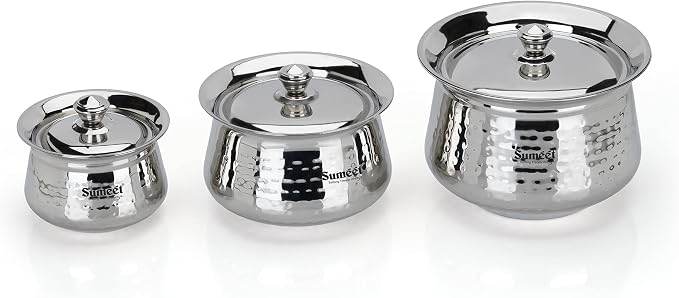 Sumeet Stainless Steel Handcrafted Hammered Texture Handi Set with Lid for Kitchen, Set of 3, 460ml, 950ml & 1700ml, Silver
