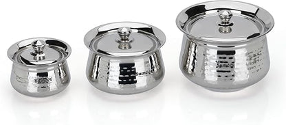 Sumeet Stainless Steel Handcrafted Hammered Texture Handi Set with Lid for Kitchen, Set of 3, 460ml, 950ml & 1700ml, Silver