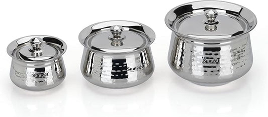 Sumeet Stainless Steel Handcrafted Hammered Texture Handi Set with Lid for Kitchen, Set of 3, 460ml, 950ml & 1700ml, Silver