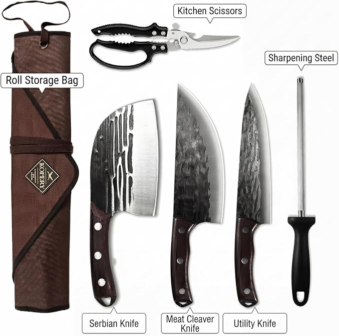 KOFERY Hand Forged Butcher Knife Set with Full Tang Damascus Steel for Pit Master BBQ, Smoking Meat and Meat Carving, Including Roll Bag, Shears and Sharpener for Outdoor Camping Gifts for Men
