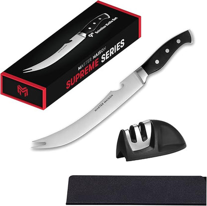 Master Maison 9" Professional Stainless Steel Scimitar Knife Set with Dual Sharpener, Knife Sheath - Professional Knife Set- Sharp Butcher Knife, Meat Knife, Kitchen Knife - Perfect for Meat Cutting