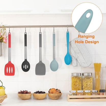 HARFINGTON 2Pcs Silicone Spoons, Heat Resistant Kitchen Cooking Utensil Spoon for Cooking, Mixing, Stirring and Serving, Light Grey
