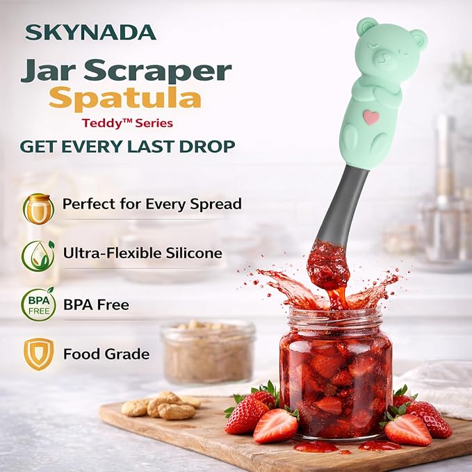 Jar Scraper Spatula - Silicone Scraper, Cute Kitchen Accessories, Unique Fun Cooking Kitchen Gadgets for Foodies - BPA-free & 100% Food Safe (Teddy - Green)