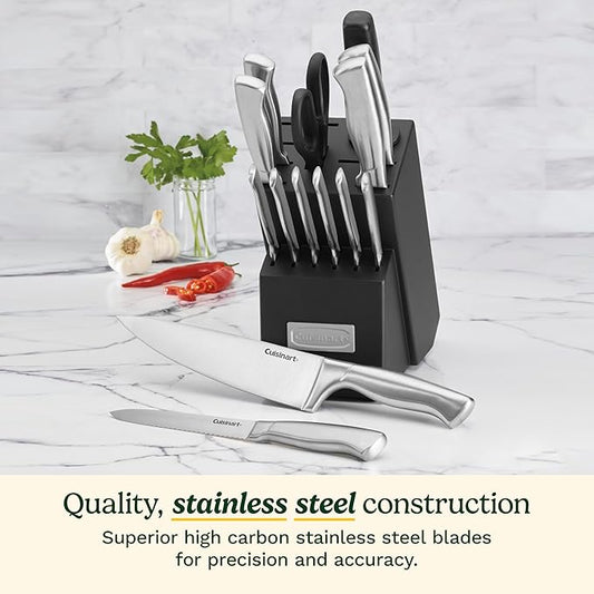 Cuisinart Stainless Steel Hollow Handle 15-Piece Cutlery Block Set, Kitchen Knife Set with Steel Blades for Precise Cutting, Durable Knives with Ergonomic Handles, C77SS-15PK (Pack of 2)