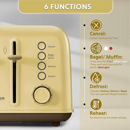BUYDEEM DT640 4-Slice Toaster, 7 Shade Settings, Extra Wide 1.5’’ Slots for Bagel & English Muffin, 6 Toasting Functions, Retro Stainless Steel Toaster with High Lift Lever, 1800W, Yellow