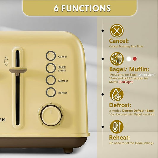 BUYDEEM DT640 4-Slice Toaster, 7 Shade Settings, Extra Wide 1.5’’ Slots for Bagel & English Muffin, 6 Toasting Functions, Retro Stainless Steel Toaster with High Lift Lever, 1800W, Yellow