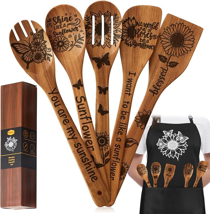 Remerry 6 Pcs Sunflower Gifts for Women Sunflower Kitchen Gift Set with Acacia Cooking Spoons Apron Kitchen Cooking Utensils Set for Mother's Day Housewarming Gift
