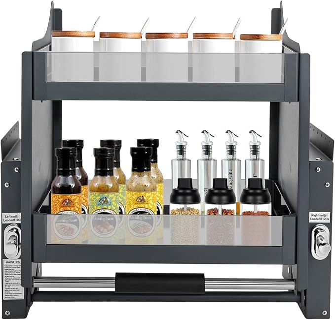 Pull Down Cabinet Organizer, 2-Tier Pull Down Shelf, Heavy-Duty Pull Down Spice Rack, Upper Kitchen Wall Cabinet Storage Organizer, for Kitchen Appliance(24inch Cabinet) (style1)