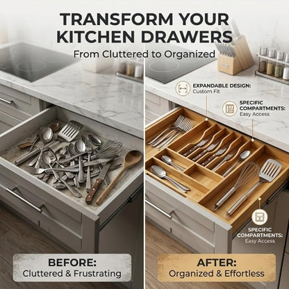 Expandable Bamboo Silverware Organizer for Drawer, 11 Compartments | Expands 18.5"-33", 11-13 Deep Slots with Adjustable Dividers, Solid Bamboo Construction, Non-Slip Design