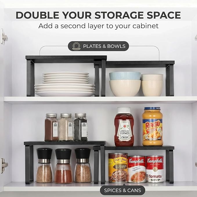 Kitchen Cabinet Organizer Shelf, Set of 2 Stackable Spice Rack Storage, Heavy Duty Metal & Wood Countertop Display Stand for Seasoning Bottles, Jars & Pantry Essentials（Black）
