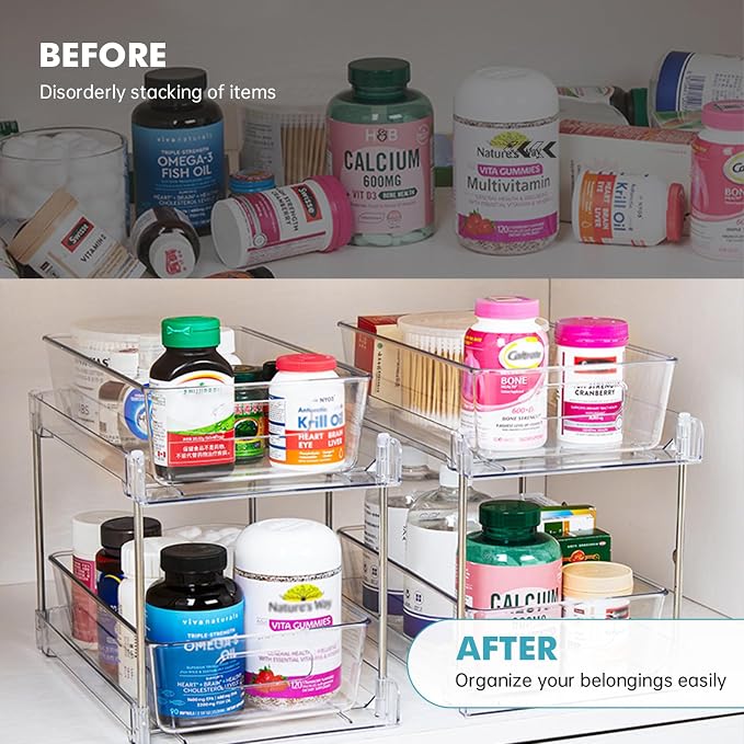 2 Pack Clear Bathroom Organizers and Storage, 2 Tier Pull Out Under Sink Cabinet Organizer Plastic Drawer Organization and Storage for Bathroom and Kitchen