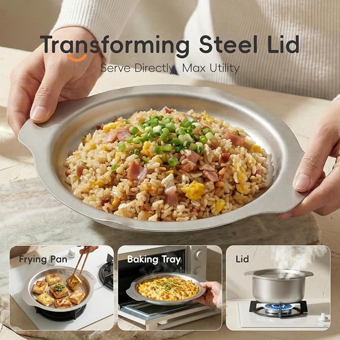 6-Piece Stainless Steel Cookware Set, 304 Food-Grade Nesting Pots and Dual-Use Lids, Stackable Space-Saving Design, All Cooktops Compatible, for Cooking, Baking and Serving