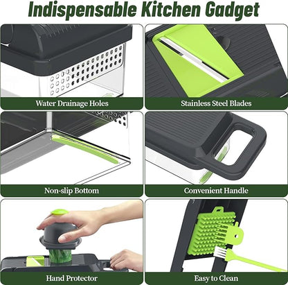 StoreHappily 12-in-1 Vegetable Chopper, 7 Blades Veggie Chopper with Container and Lid, Dicer, Slicer, Multifunctional Kitchen Gadgets, Vegetable Cutter with Handle, Onion Cutter(Green/Grey)
