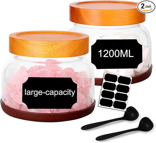 SAIOOL 2-Pack Striped Borosilicate Glass Airtight Canisters - Big mouth Large Capacity, Acacia Wood Lid, Food Storage Jars for Flour, Pasta, Pantry Organization (1200ml Gallon （Strew 2 pack）)
