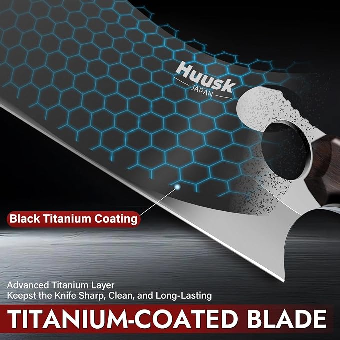 Huusk Meat Cleaver, 6.7 Inch Professional Cleaver Chef Knife with Anti-rust Titanium Coating, Ultra Sharp Vegetable Chopping Knives for Home Kitchen and Restaurant