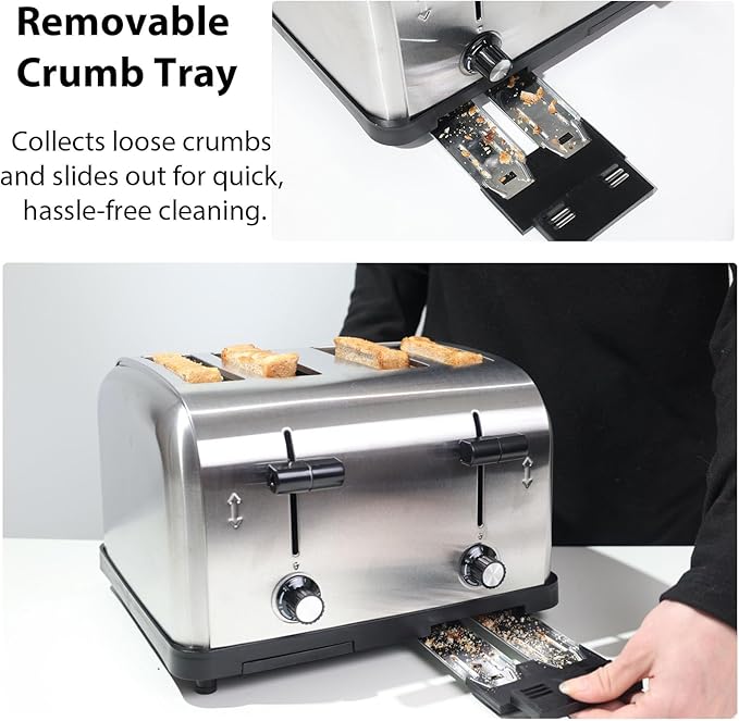 Commercial Grade Toaster 4 Slice 225 pcs/Hour 1800W Industrial Toasters Wide Slot 6-Settings Stainless Steel Heavy Duty for Restaurant Bagels,muffin,Tray, Bread, Breakfast, Texas Toast