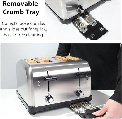 Commercial Grade Toaster 4 Slice 225 pcs/Hour 1800W Industrial Toasters Wide Slot 6-Settings Stainless Steel Heavy Duty for Restaurant Bagels,muffin,Tray, Bread, Breakfast, Texas Toast