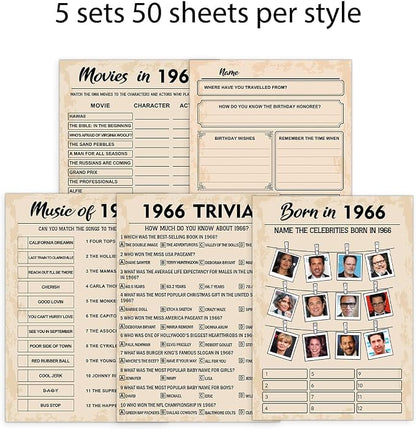 QUPT 60th Birthday Party Games, Born in 1966 Games Bundle, Set of 5 Activities for 10 Guests, Birthday Party Supplies for Adults, Pack of 50 Cards