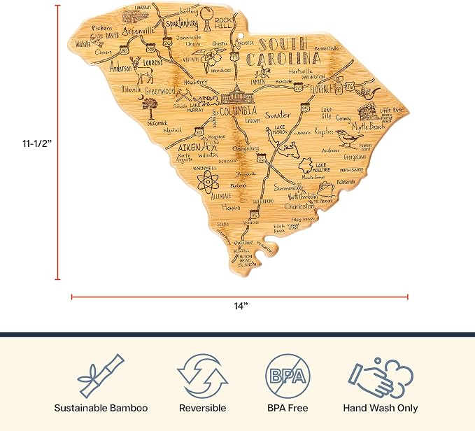 Totally Bamboo Destination South Carolina Shaped Cutting Board – Bamboo Charcuterie and Serving Board with Hang Tie for Wall Display