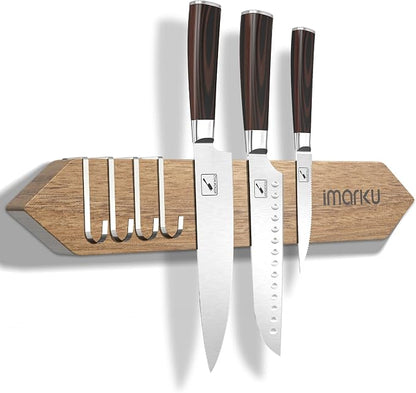 imarku 16 Inch Magnetic Knife Strip, Acacia Wood Knife Holder for Wall, Heavy Duty Magnet for Quick Access & Secure Grip, Space Saving Kitchen Utensil Rack with 4 Hooks