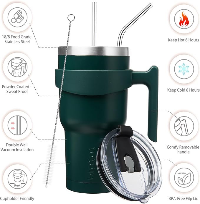 BJPKPK Tumbler With Handle And Straw 30 oz Insulated Tumbler With Lid Stainless Steel Coffee Cups Travel Mug,Army Green