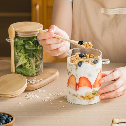 6 Pack 16oz Glass Jars with Bamboo Lids and Spoon,Overnight Oats Container,Round Glass Containers for Food,Oatmeal,Yogurt,Snack,Spice,Meal prep,Chia seed pudding and Salad Jar