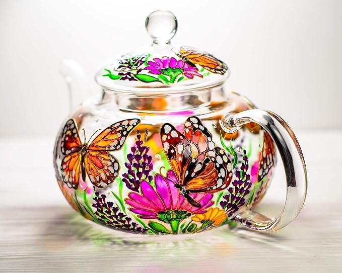 Hand Painted Monarch Butterflies and Flowers Glass Teapot with Removable Infuser, Exclusive Teapot Gift Handmade Mother's Day Gift Idea