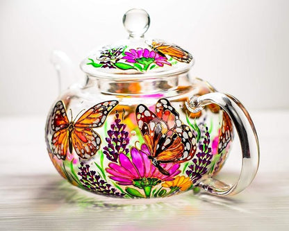Hand Painted Monarch Butterflies and Flowers Glass Teapot with Removable Infuser, Exclusive Teapot Gift Handmade Mother's Day Gift Idea
