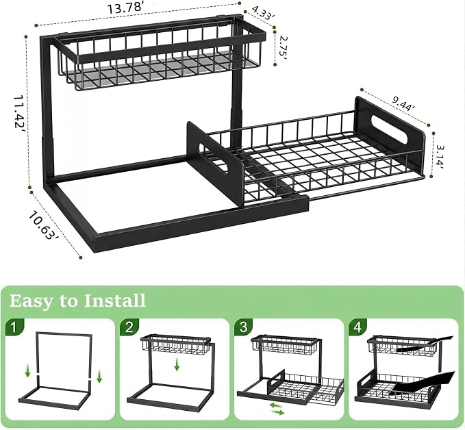 Under-Sink Storage Organizer (2-Pack) — Double-Tier Pull-Out Cabinet Organizer with Sliding Drawers ，Heavy-Duty & Versatile Storage Rack for Kitchen, Bathroom, and Pantry，Black