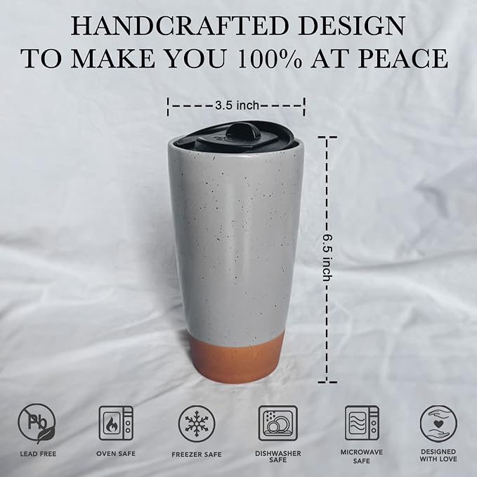 Mora Double Wall Ceramic Coffee Travel Mug with Lid, 14 oz, Portable, Microwave, Dishwasher Safe, Insulated Reusable Tall Cup, Splash Resistant Lid - To Go Tumbler for Car Cup Holder, Overcast Grey