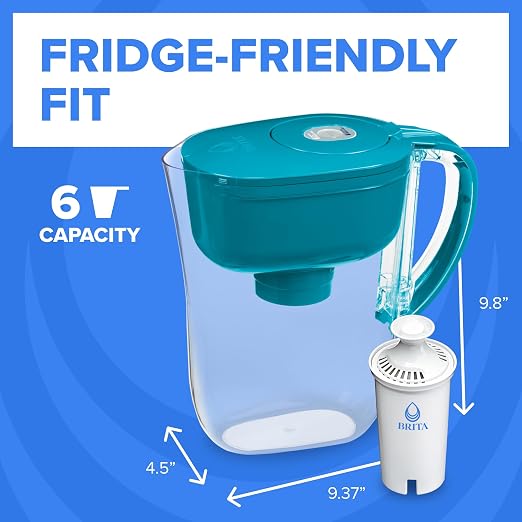 Brita Metro Small 6-Cup Water Filter Pitcher, WQA NSF/ANSI Certified, BPA-Free, Mini-Fridge Friendly, Removes Chlorine Taste & Odor, 1 Standard Filter, Lasts, Lasts 2 Months, Turquoise