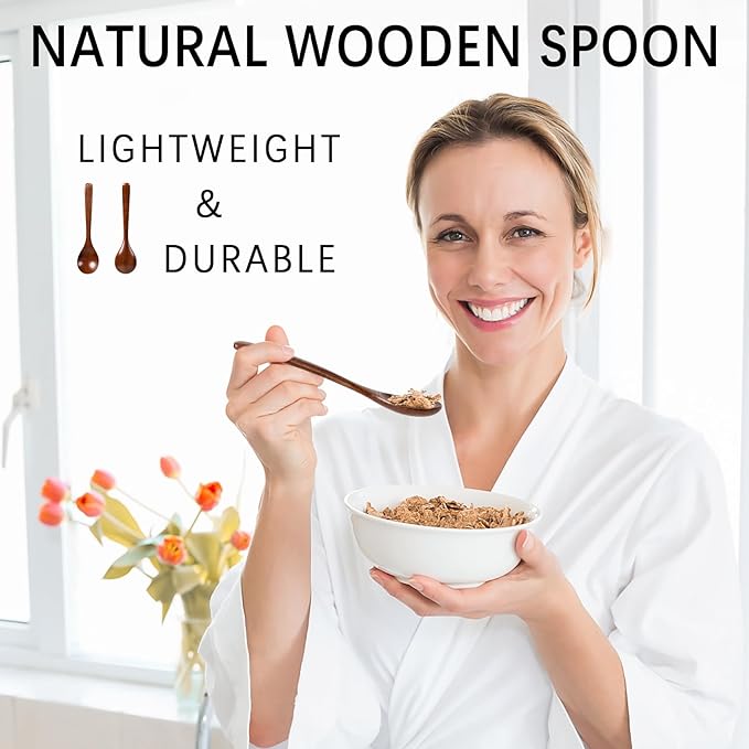 7 PCS Wooden Spoons for Eating, 7 inch Wooden Honey Spoons for Tea, Wood Teaspoons for Stirring Coffee, Hard Wood Table Spoon for Cooking, Small Serving Spoon for Soup, Desserts & Cereal