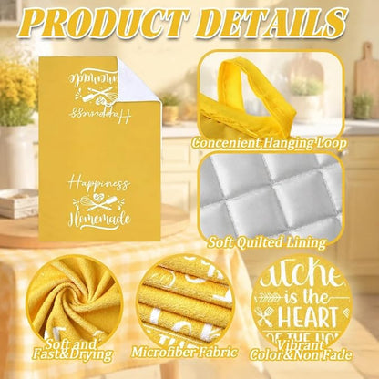 Sratte 6 Pcs Kitchen Decor Accessories Set Farmhouse Towels Pot Holders Oven Mitts Set 2 Dish Towels 2 Potholders 2 Cooking Mittens Oven Glove for Christmas Baking Cooking Supply(Yellow,Kitchen)